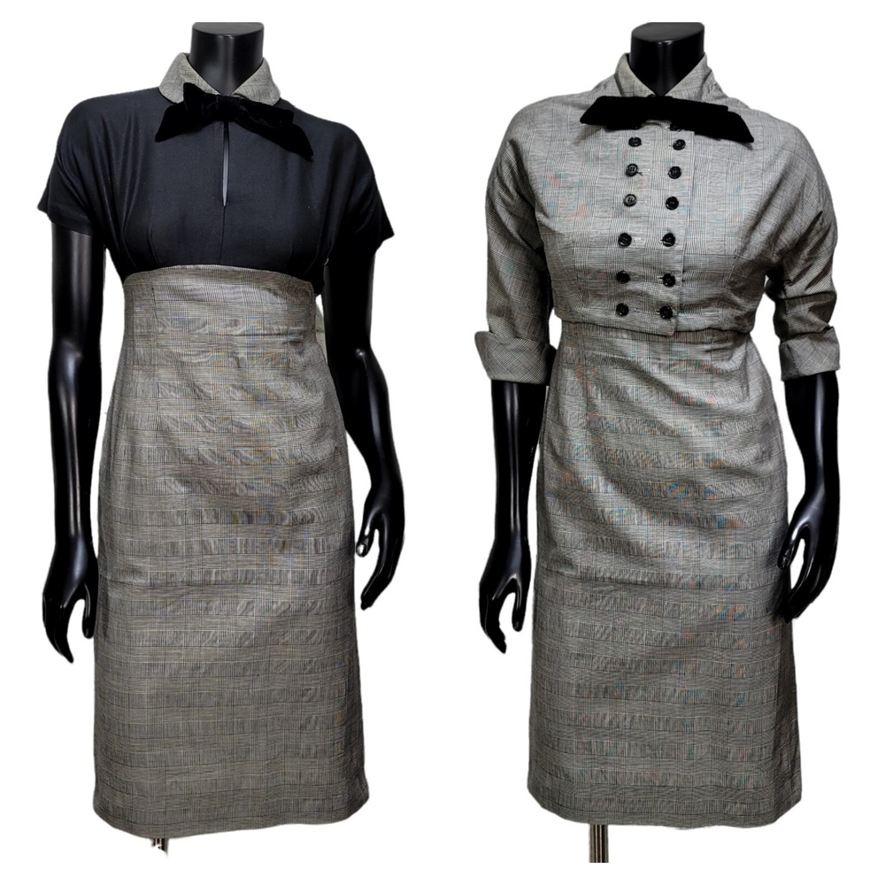 Vintage Pat Hartley 50s Sheath Dress Jacket Set Glen Plaid Black‎ Velvet Bow